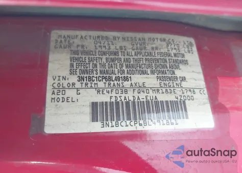 2011 Nissan Versa 1.8S z USA, uszkodzony, nr VIN 3N1BC1CP6BL491861